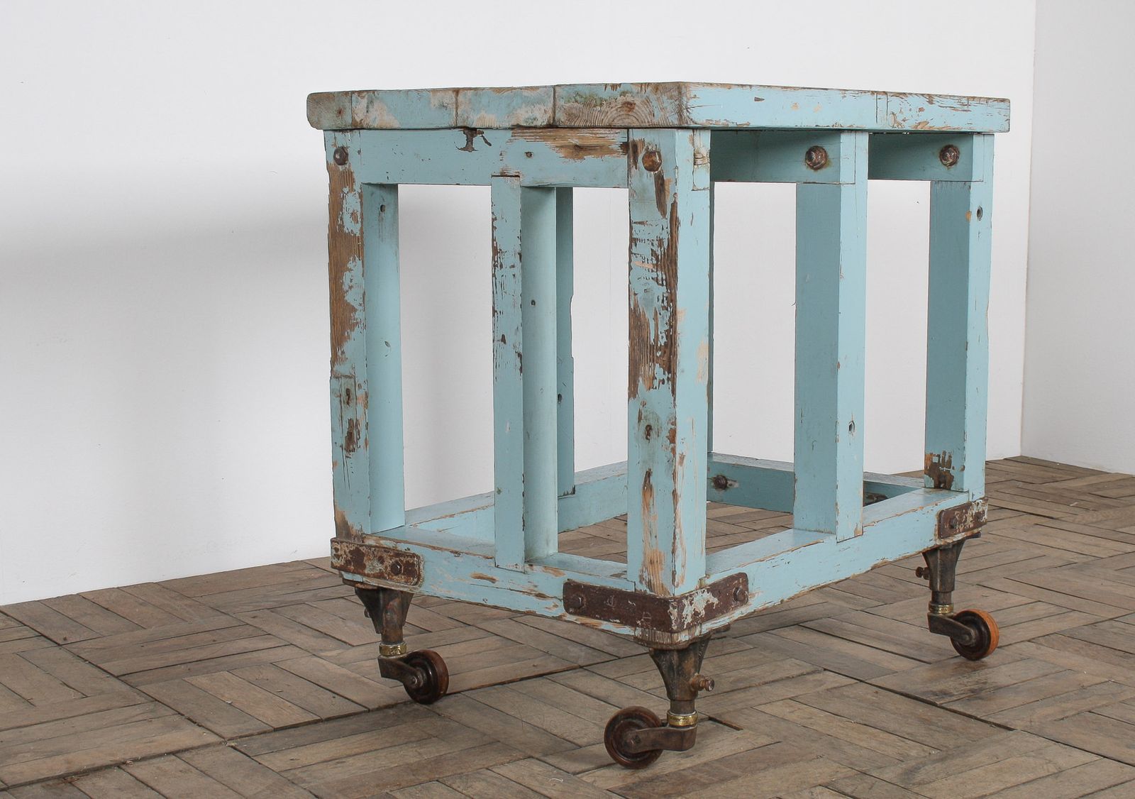 Small Rustic Patina Duck Egg Blue Industrial Bakery Worktop Table photo 995.0