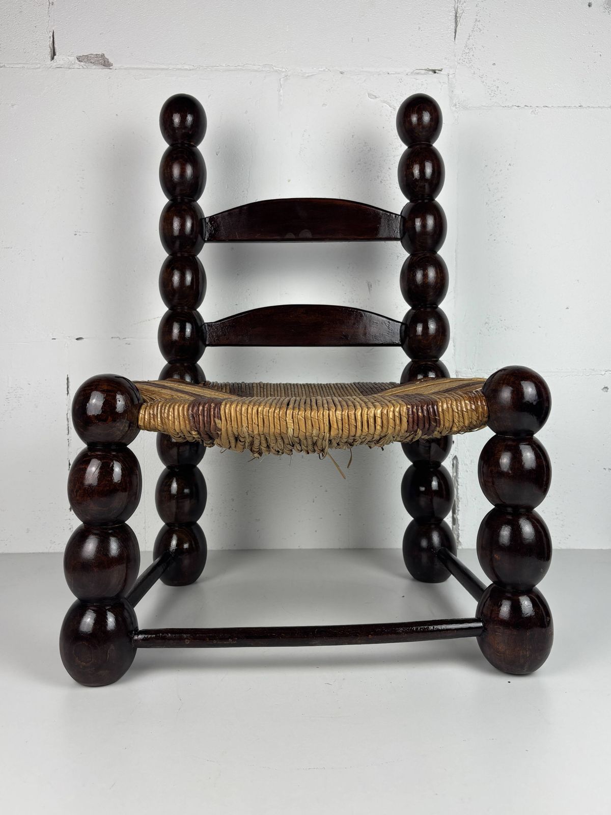 photo buy Brutalist Wood Turned Bobbin Low Rush Chair N The Style Of Charles Dudouyt