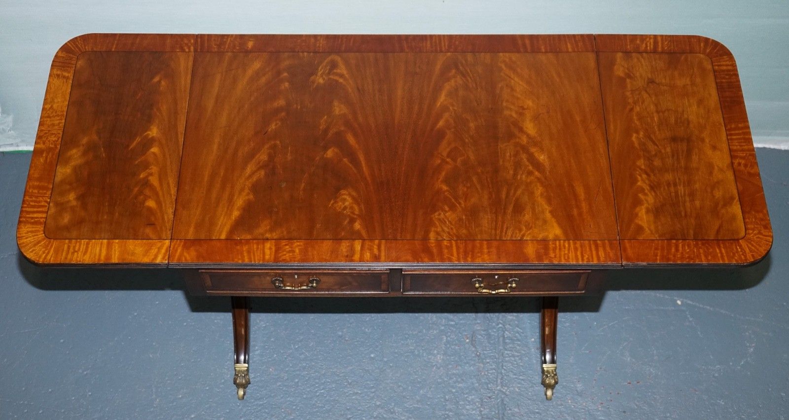 950.0 Vintage Hardwood Drop Leaf Side Table With Saber Legs And Brass Paw Feet photo