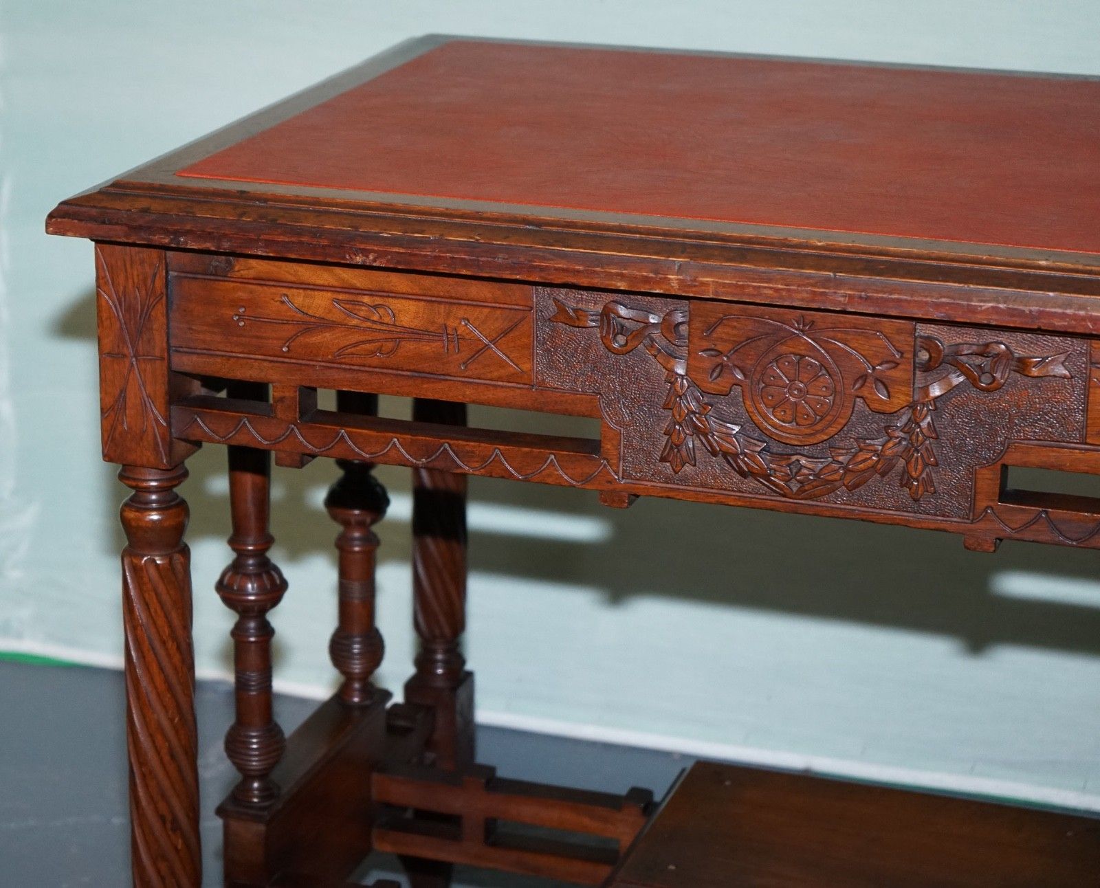 Late 19th Century Continental Carved Walnut Writing Table Leather Inlay Top photo buy