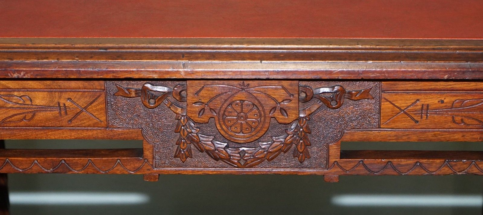 1350.0 Late 19th Century Continental Carved Walnut Writing Table Leather Inlay Top photo