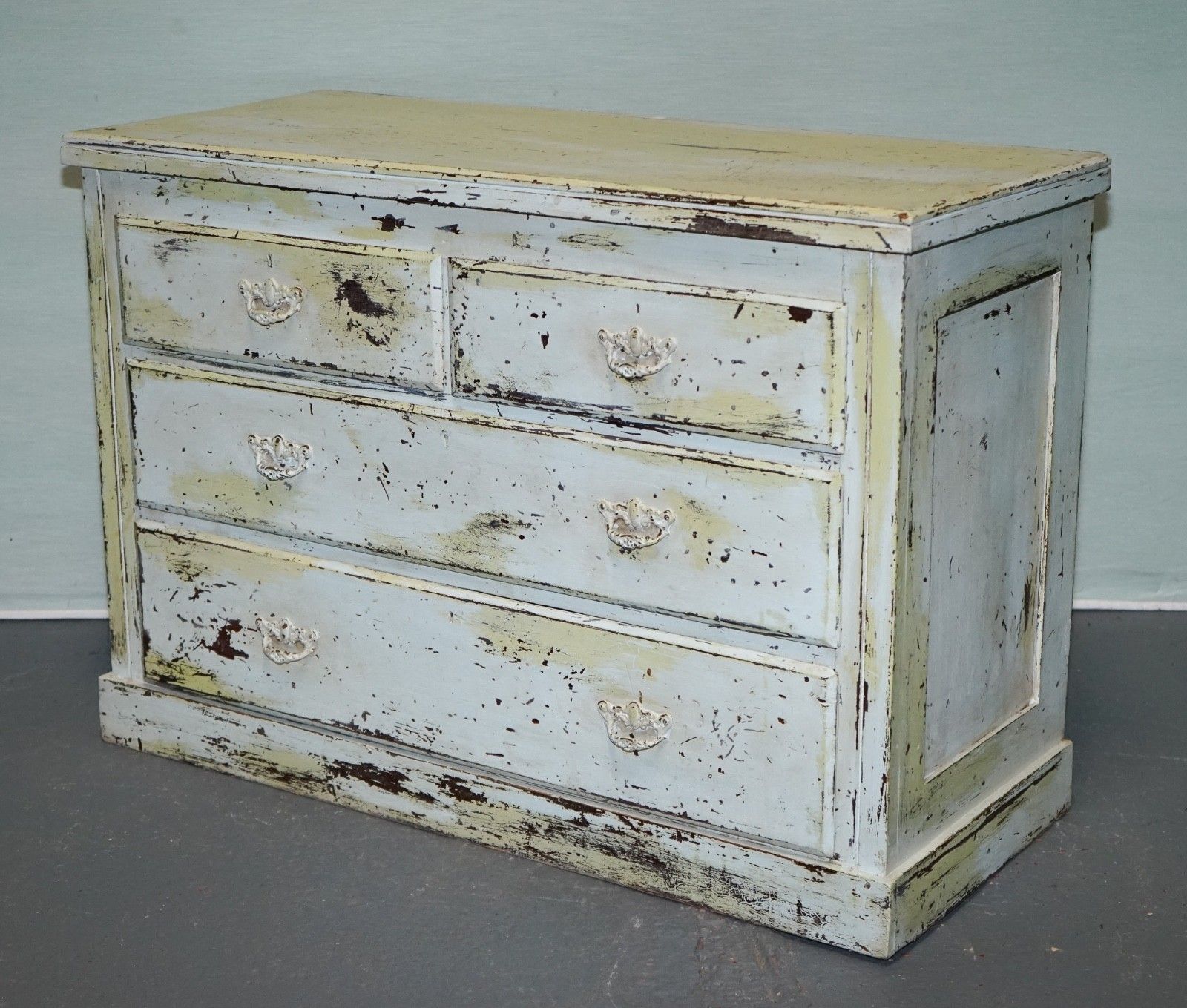 Antique Hand Painted Pale Pine Green Three Drawer Chest Of Drawers photo for sale