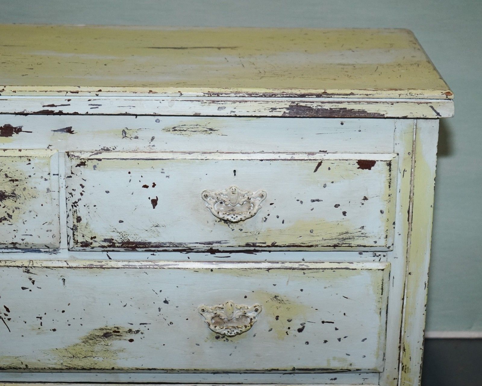Antique Hand Painted Pale Pine Green Three Drawer Chest Of Drawers photo buy