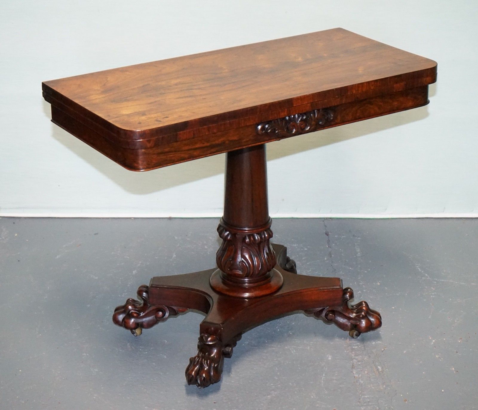 Antique 1830s William IV Folding Pedestal Card Game Table Carved Paw Base photo furniture