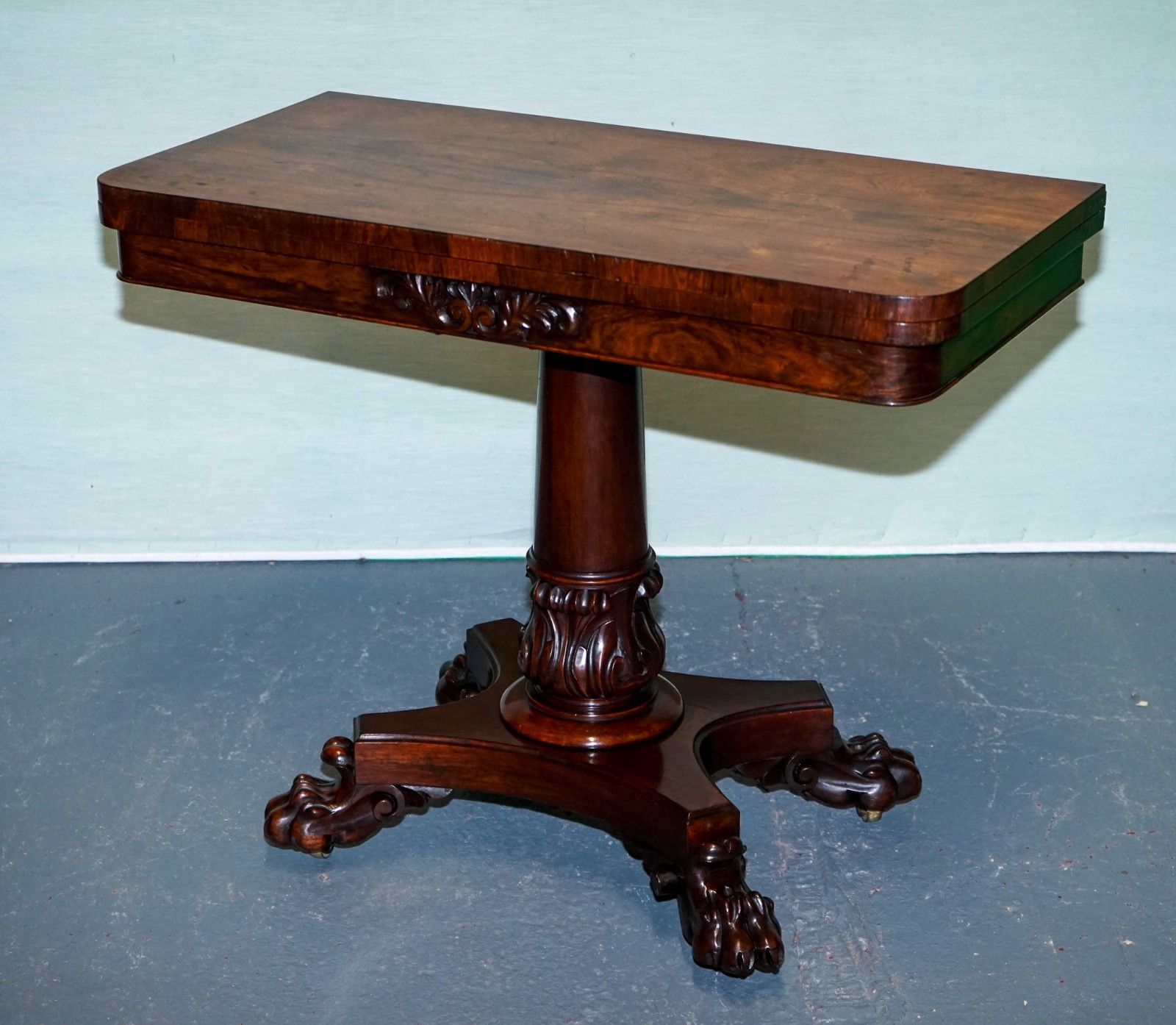 Antique 1830s William IV Folding Pedestal Card Game Table Carved Paw Base photo for sale