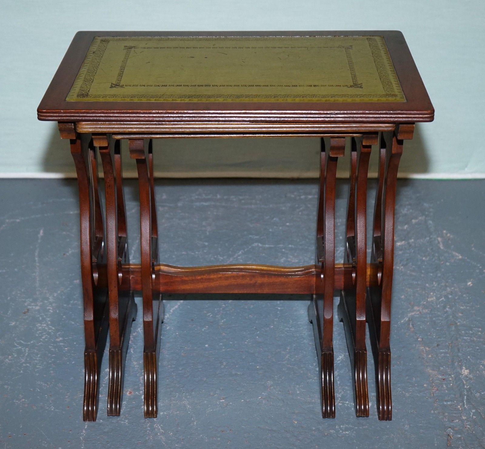 Vintage Lyre Base Green Leather Top Nest Of Tables Side Tables photo 950.0