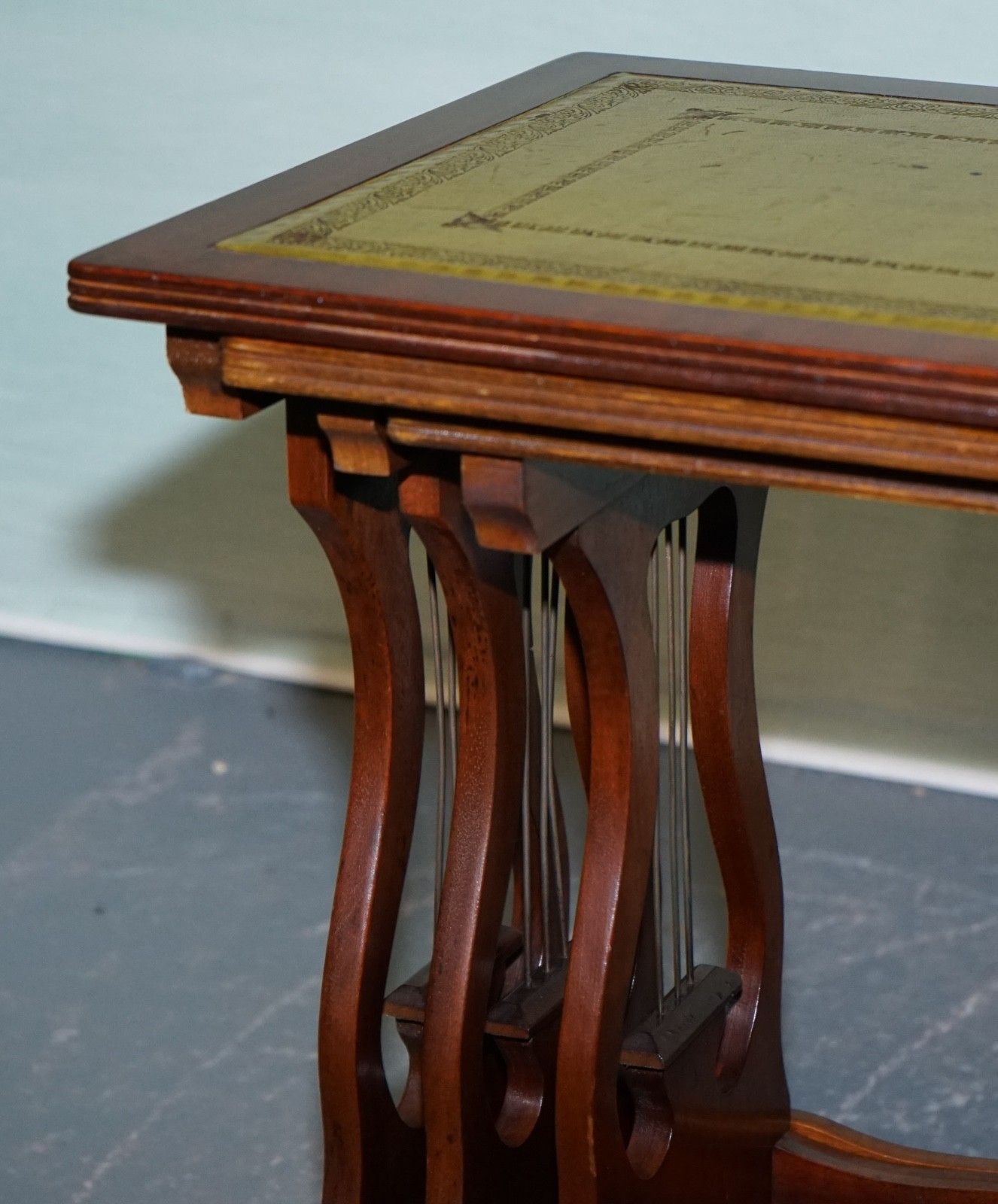 Vintage Lyre Base Green Leather Top Nest Of Tables Side Tables photo vinterior