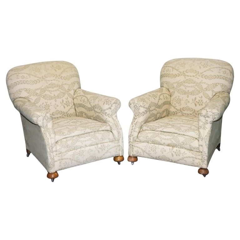 Pair Of Victorian Club Armchairs Floral Cream Upholstery Fully Sprung Seats