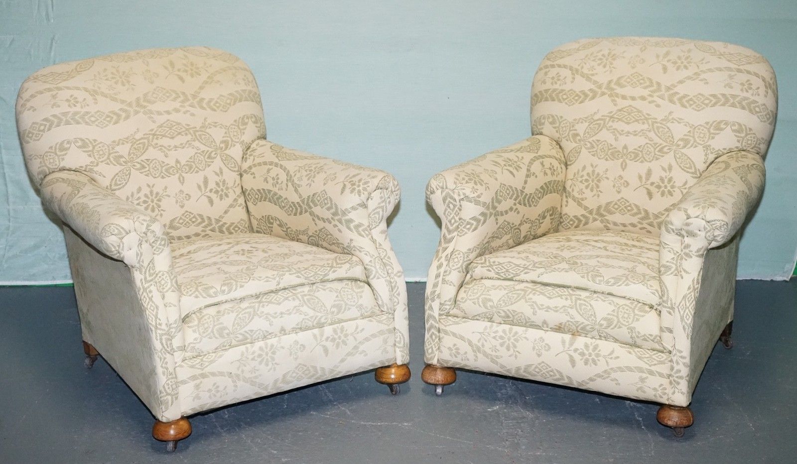 Pair Of Victorian Club Armchairs Floral Cream Upholstery Fully Sprung Seats photo furniture