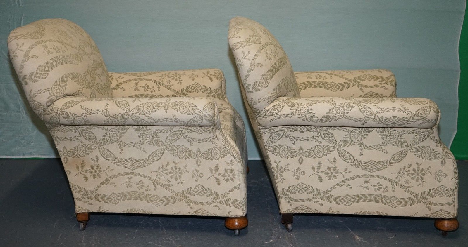 photo buy Pair Of Victorian Club Armchairs Floral Cream Upholstery Fully Sprung Seats