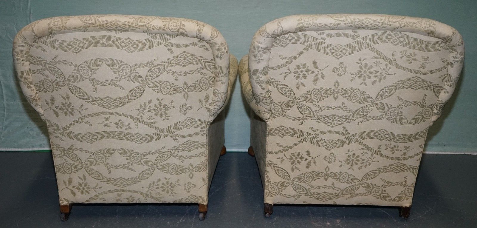 photo vintage Pair Of Victorian Club Armchairs Floral Cream Upholstery Fully Sprung Seats