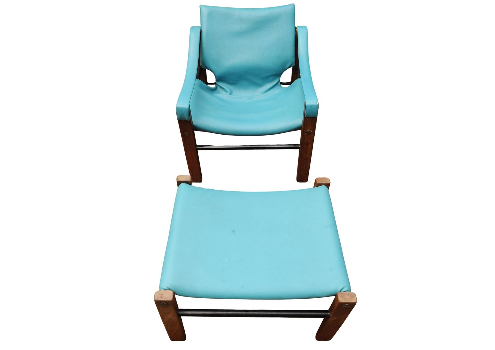 photo furniture Mid Century Maurice Burke For Arkana Teak & Steel Safari Chair & Matching Footstool In Turquoise Upholstery Made In Falkirk, Scotland 1970's