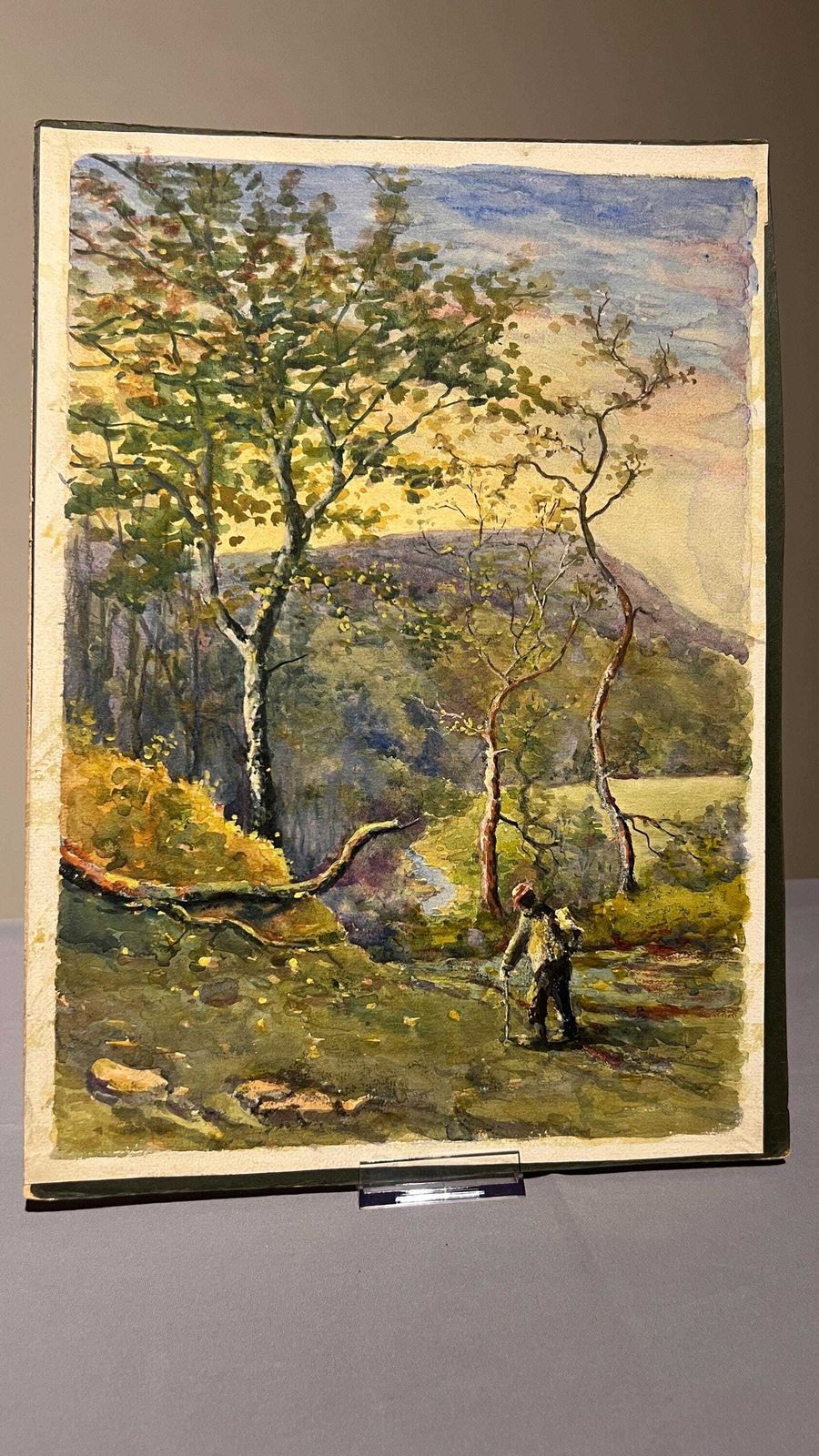 Early 1900s Edwardian Watercolour Landscape Picture – Sunset Hills And Woodland Walk photo for sale