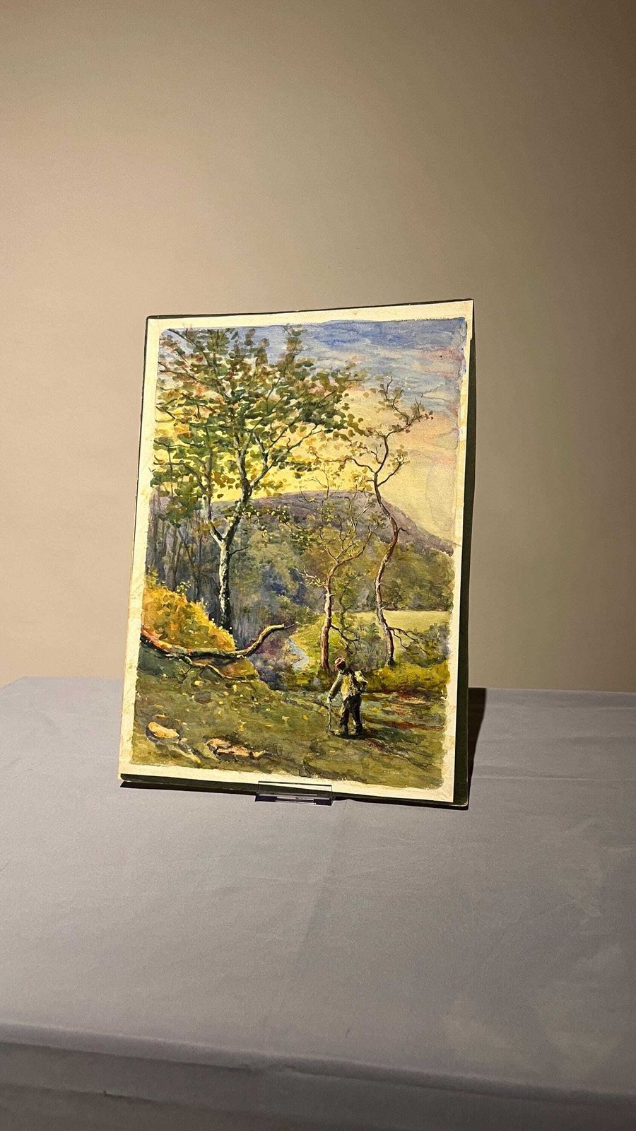 photo for sale Early 1900s Edwardian Watercolour Landscape Picture – Sunset Hills And Woodland Walk
