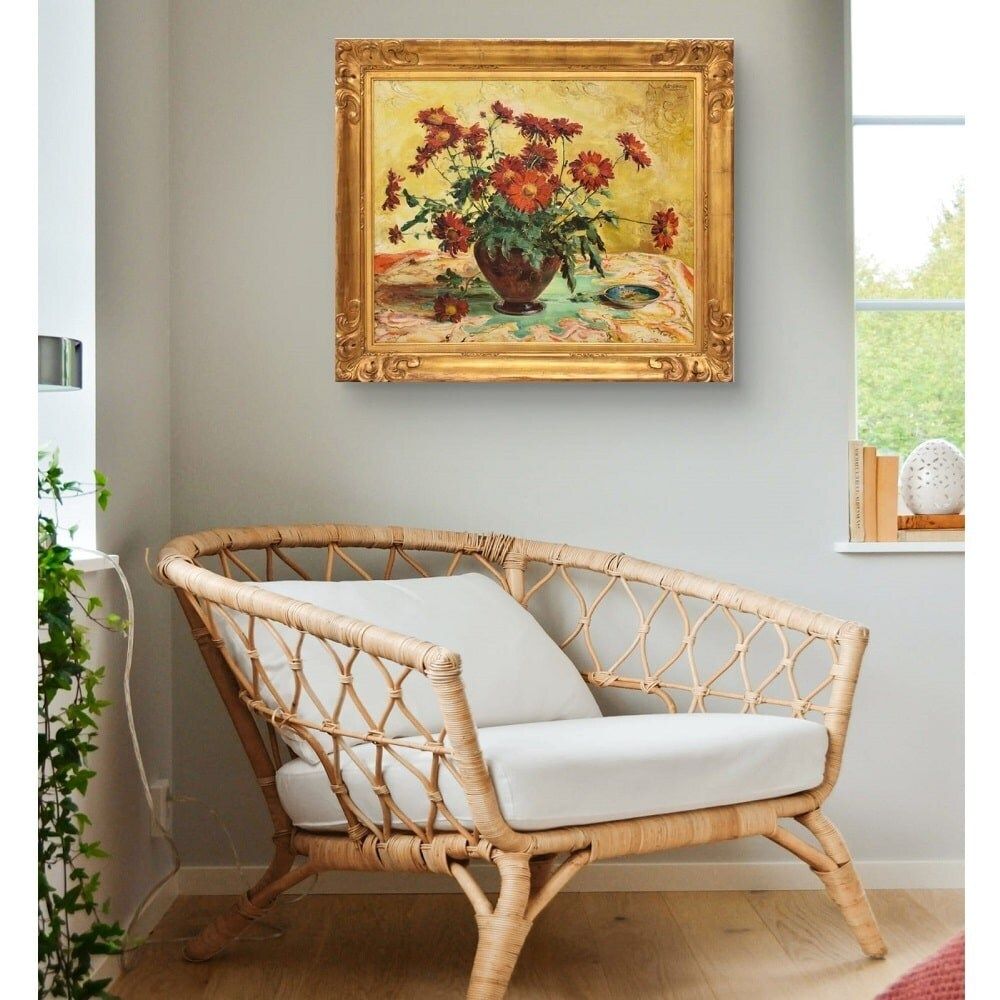 Art Deco Still Life Painting, Red Daisies Flowers, Oil On Canvas,  XX photo furniture