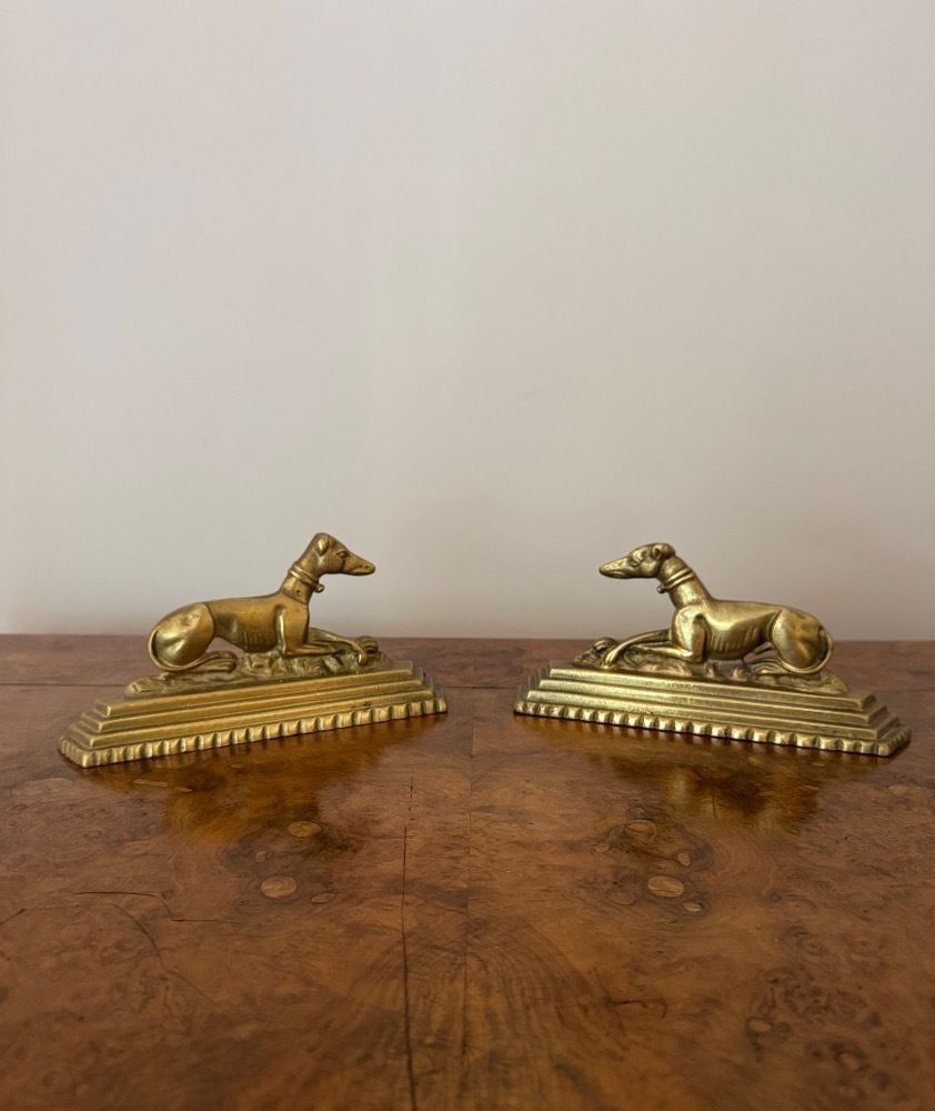 Unusual Pair Of Antique Brass Greyhound Fire Dogs photo for sale