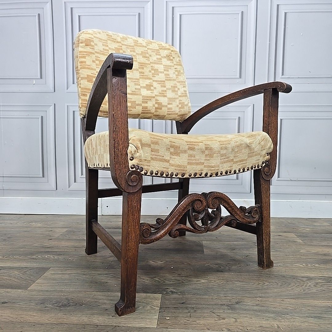 Antique Oak Armchair – Arts & Crafts Style – Upholstered & Carved Wooden Chair photo furniture