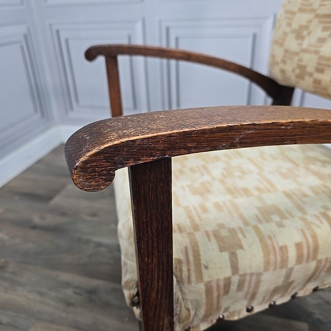 photo buy Antique Oak Armchair – Arts & Crafts Style – Upholstered & Carved Wooden Chair