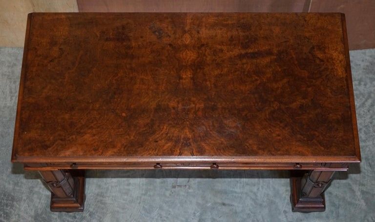 Antique 1850 Renaissance Revival Burr Walnut Pugin Gothic Writing Table Desk photo for sale