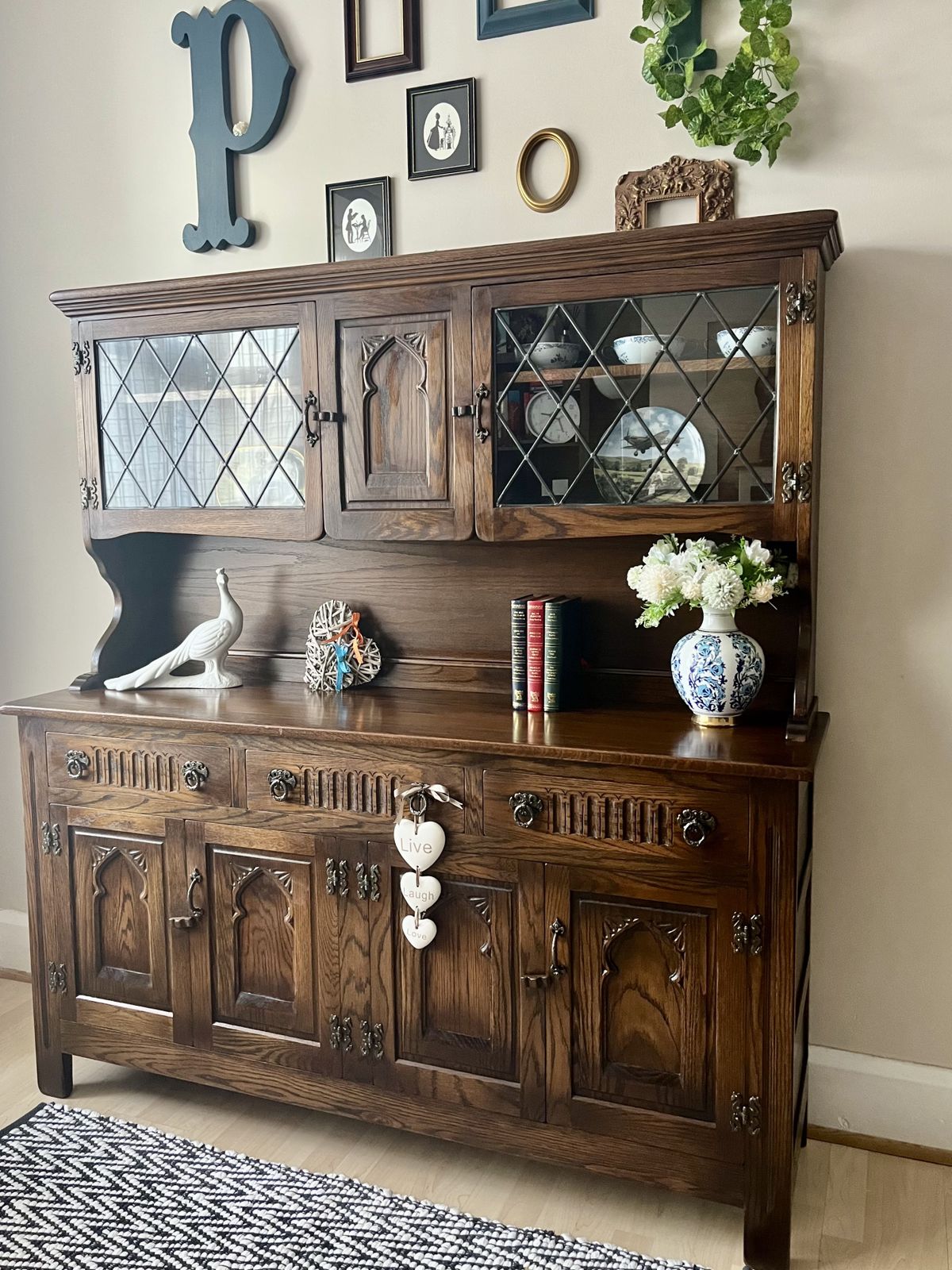 Restored Vintage Webber Dresser | Dark Oak China Cabinet | French Country Buffet Hutch photo Furniture