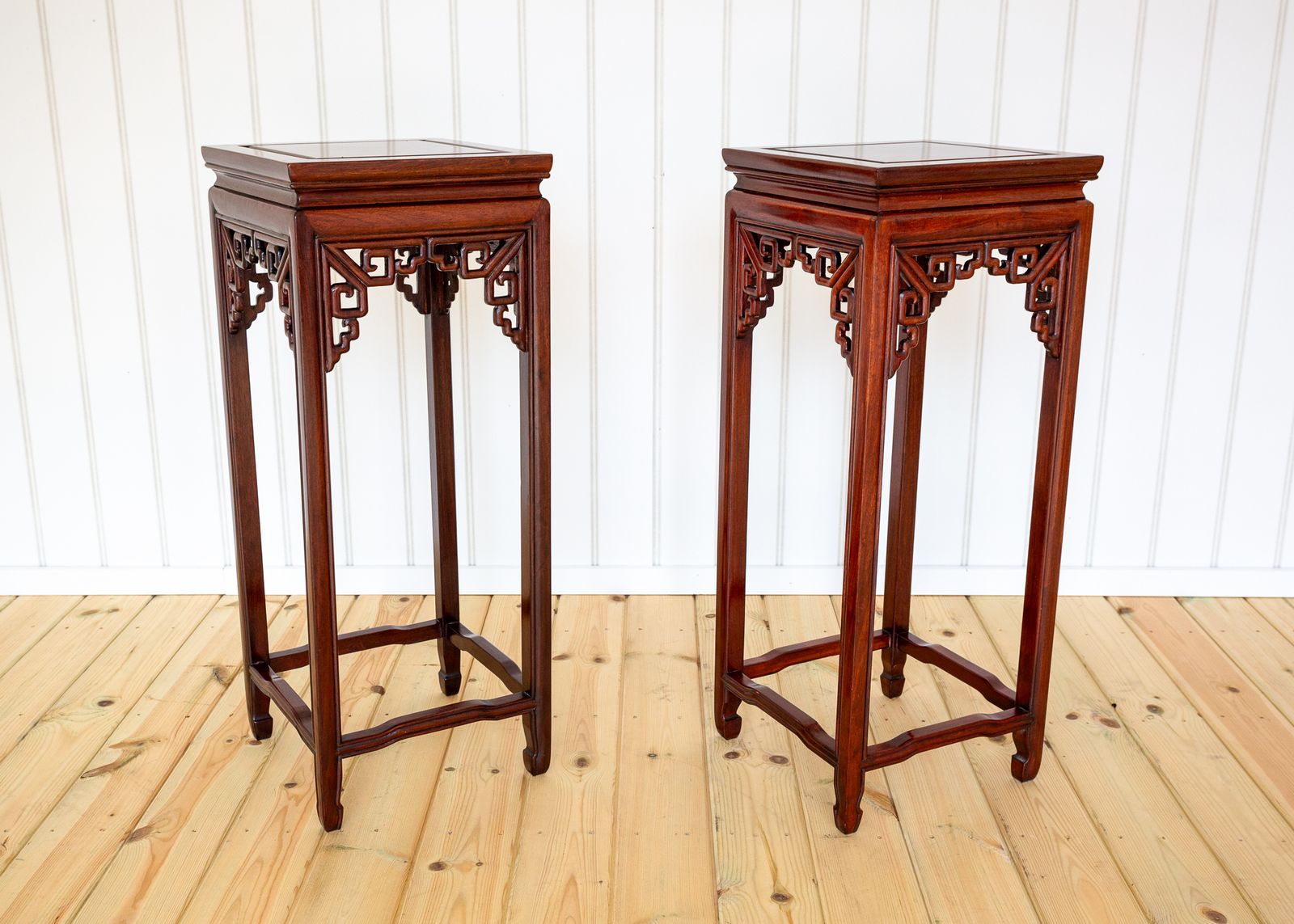 Chinese Hardwood Plant Stands Side Tables Pair Lamp Tables Hongmu Antiqu.E Qing Oriental Pierce Carved Humpback Open Fretwork photo vintage