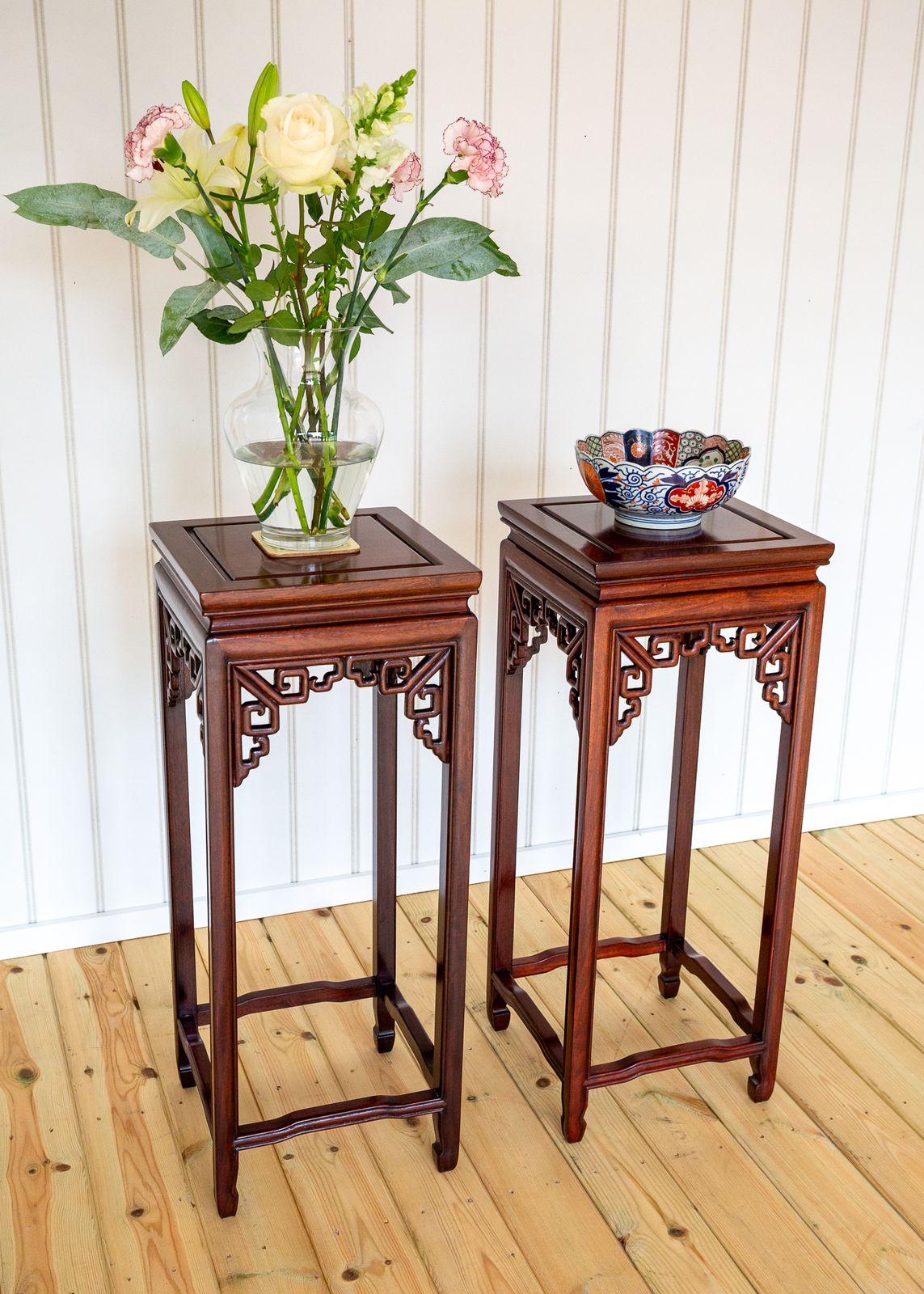 Chinese Hardwood Plant Stands Side Tables Pair Lamp Tables Hongmu Antiqu.E Qing Oriental Pierce Carved Humpback Open Fretwork photo furniture