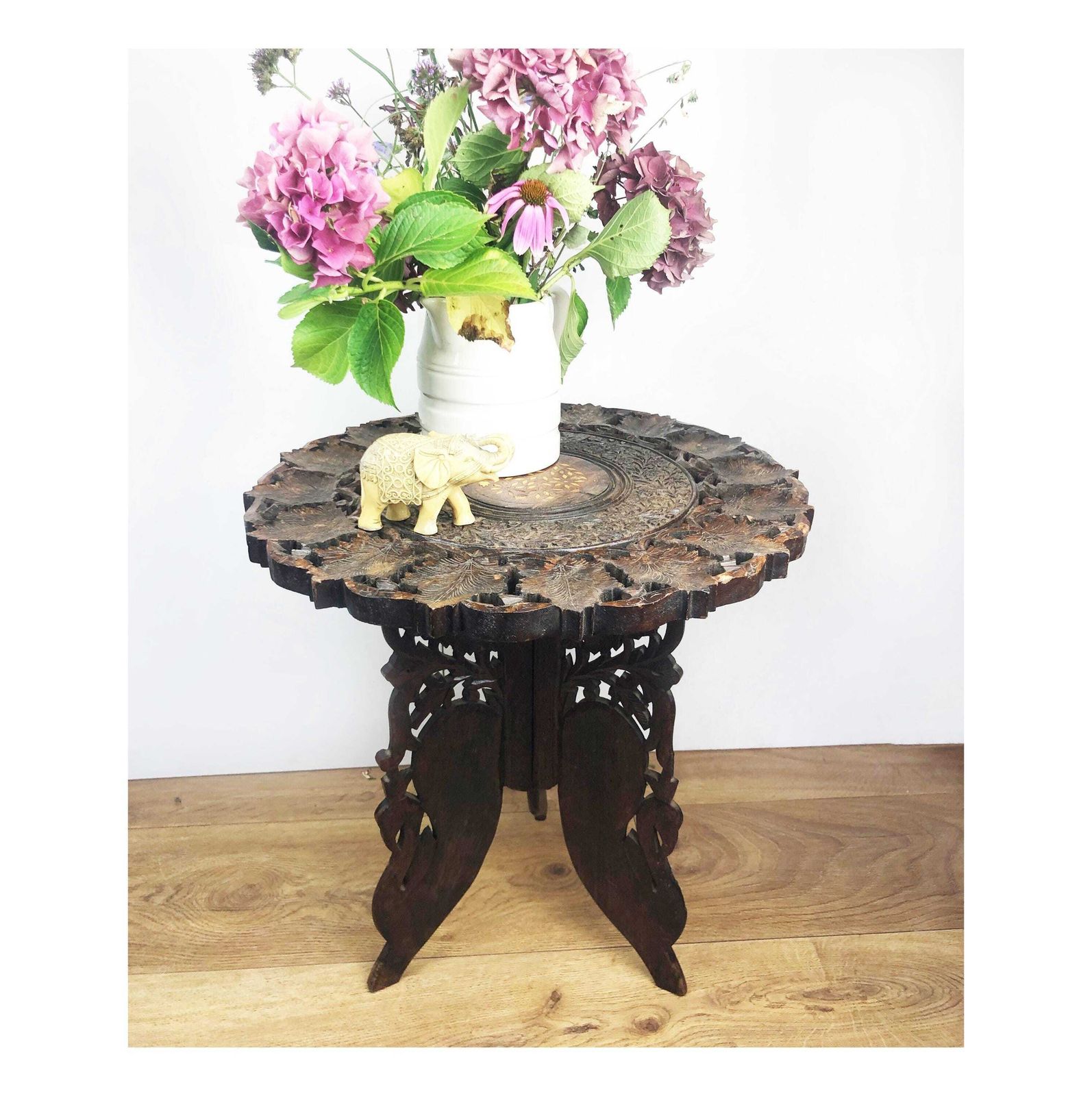 Vintage Round Indian Side Table Small Ornate Hand Carved Tea Table Indian Teak Side Table Inlay Top Anglo Indian Style Carved End Table