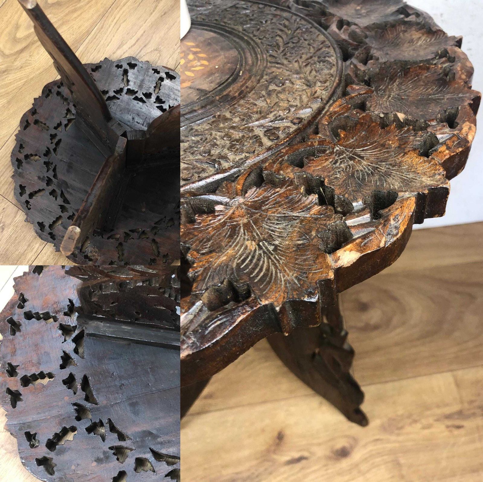 photo for sale Vintage Round Indian Side Table Small Ornate Hand Carved Tea Table Indian Teak Side Table Inlay Top Anglo Indian Style Carved End Table