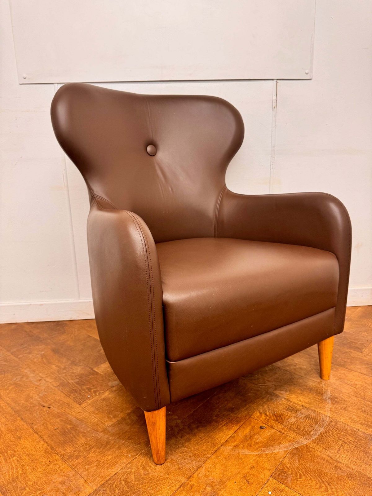 A Pair Of Boss Design "Mrs" Wing Back Button Back Brown Leather Armchair photo for sale