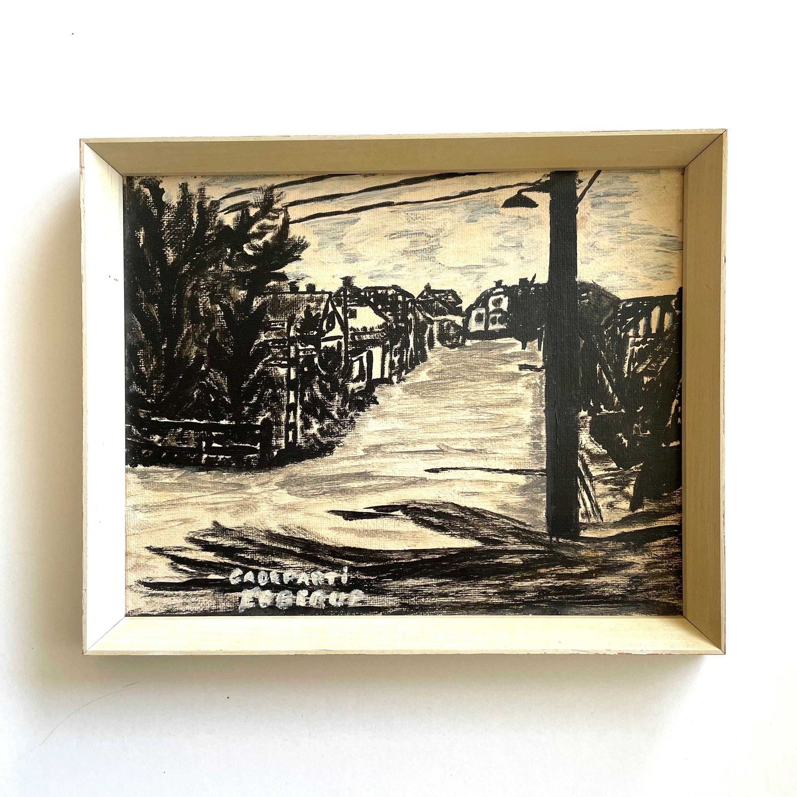 Antique Danish Black And White Oil On Plate Painting With Motive Of City Street In Ebberup, Denmark