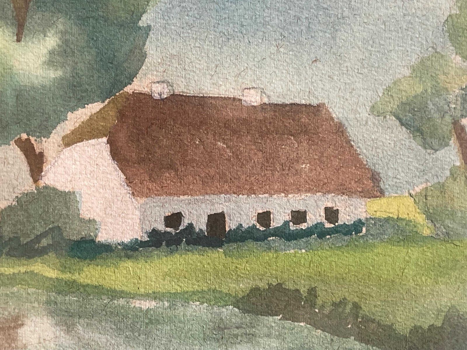 Cozy Vintage Danish Mid Century Watercolour Landscape Drawing Of Small House At A Lake In Summer Atmosphere photo vinterior