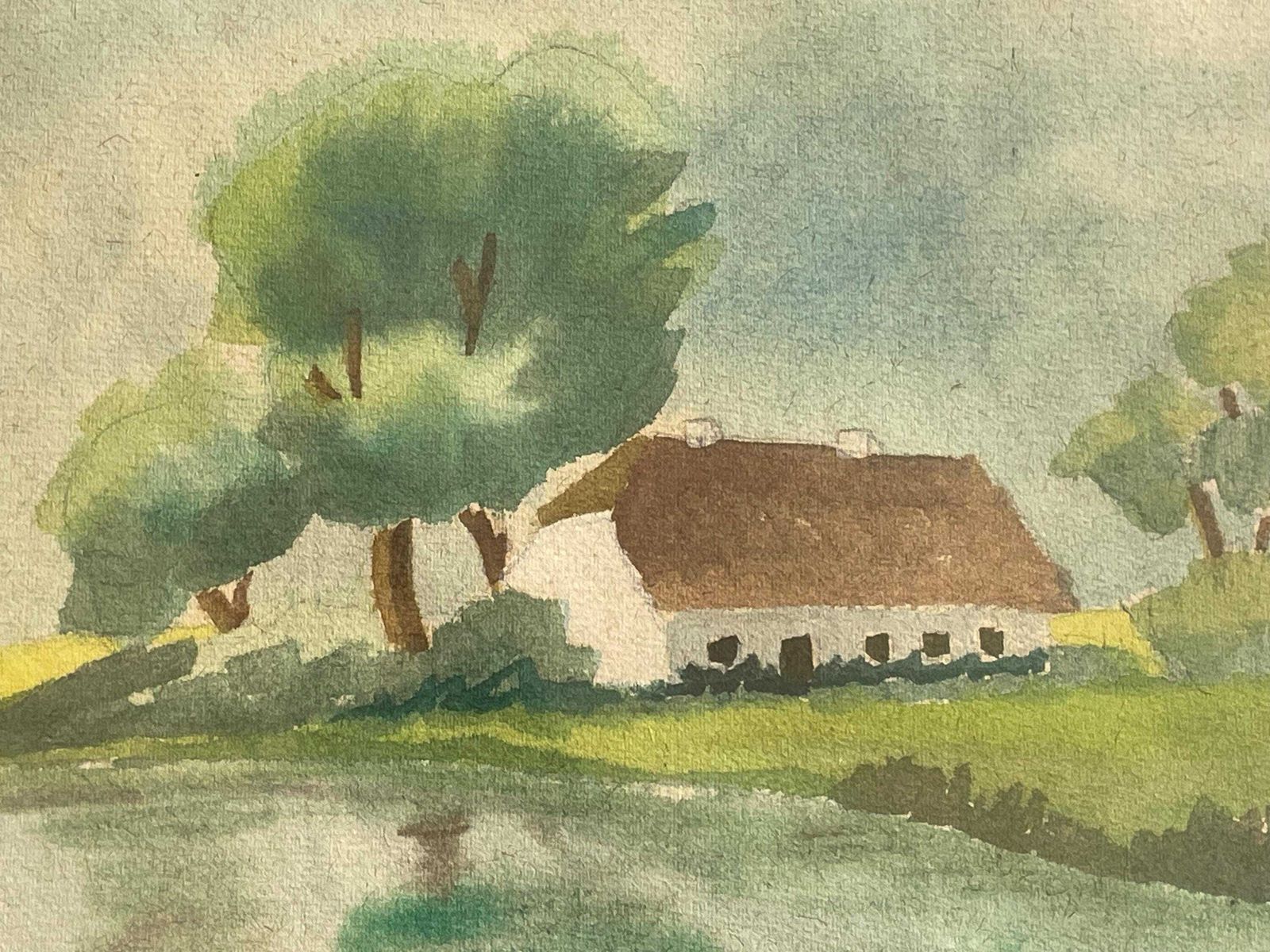 Cozy Vintage Danish Mid Century Watercolour Landscape Drawing Of Small House At A Lake In Summer Atmosphere photo buy