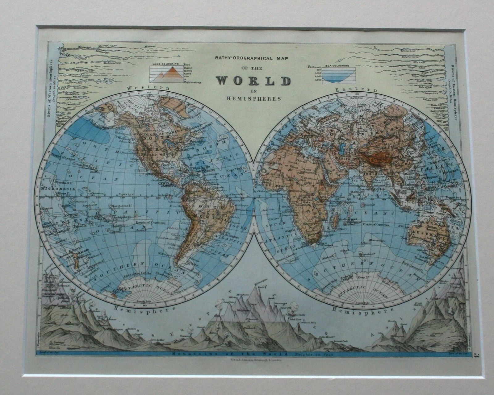 Bathy Orographical Map Of The World In Hemispheres By Alexander Keith Johnston C1895 photo furniture