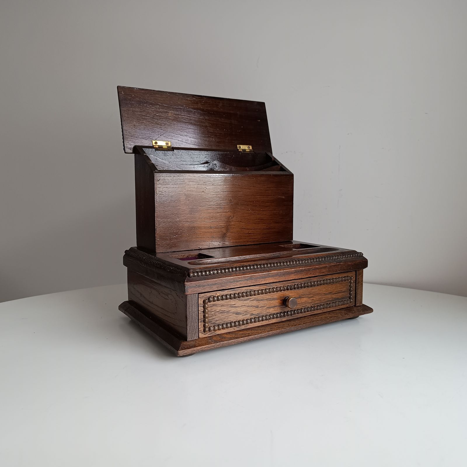 Antique English Small Oak Desk Tidy With Lidded Papers Holder And Pull Out Drawer, Cut Crystal Inkwells photo for sale