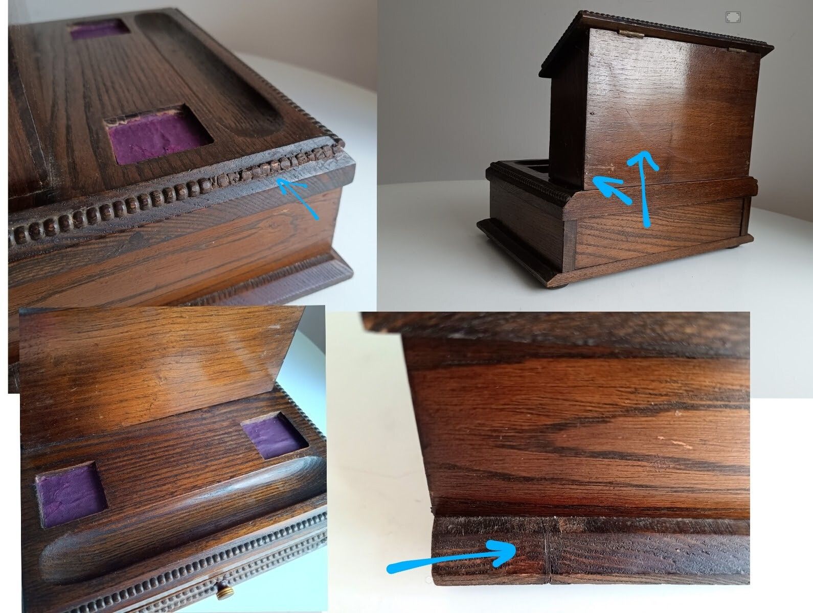 Antique English Small Oak Desk Tidy With Lidded Papers Holder And Pull Out Drawer, Cut Crystal Inkwells photo 145.0