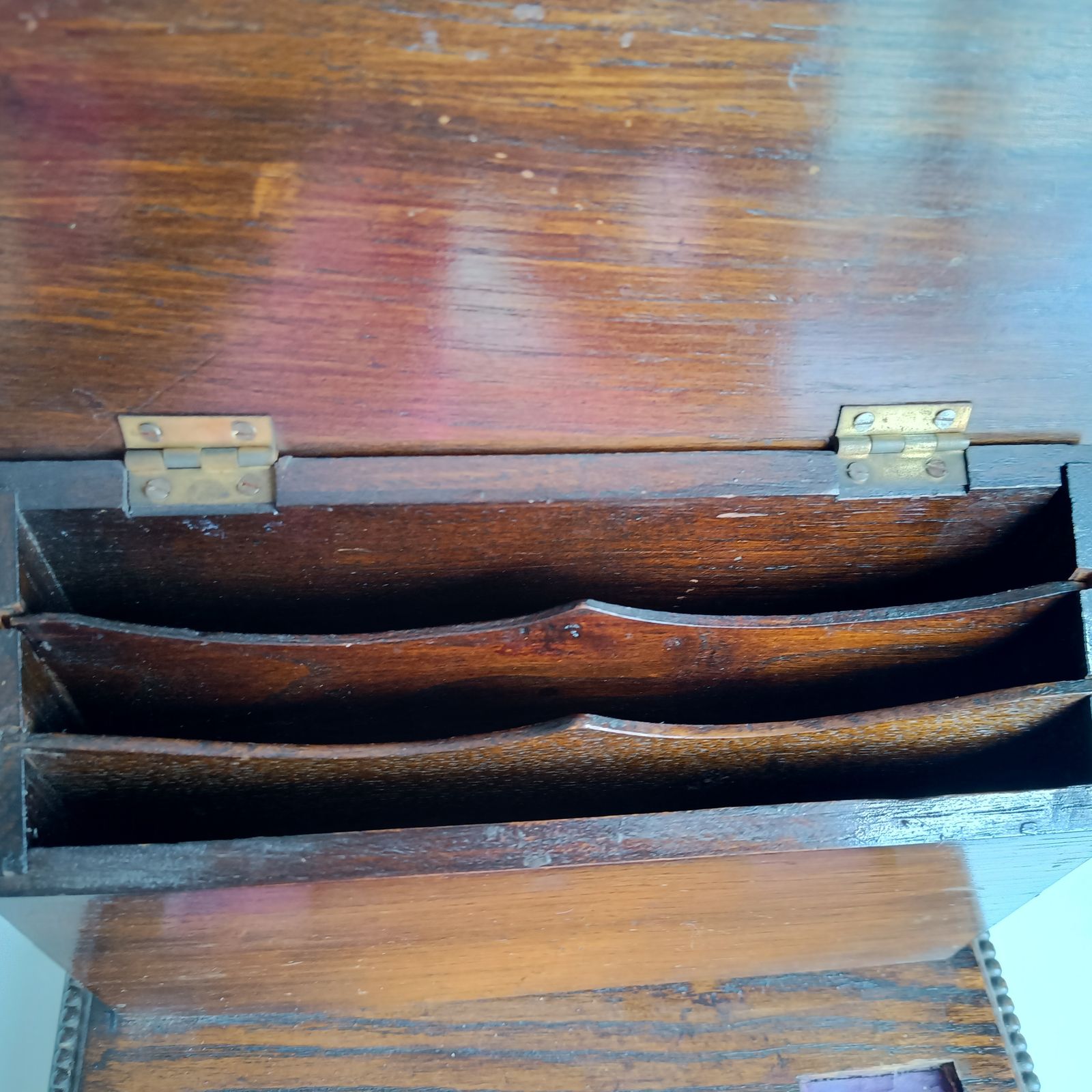 Antique English Small Oak Desk Tidy With Lidded Papers Holder And Pull Out Drawer, Cut Crystal Inkwells photo vinterior