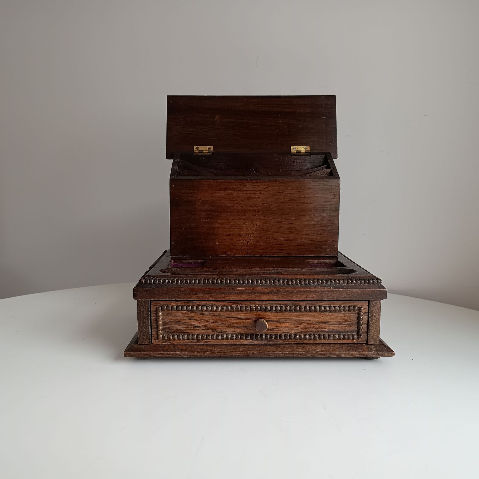 Antique English Small Oak Desk Tidy With Lidded Papers Holder And Pull Out Drawer, Cut Crystal Inkwells photo vintage
