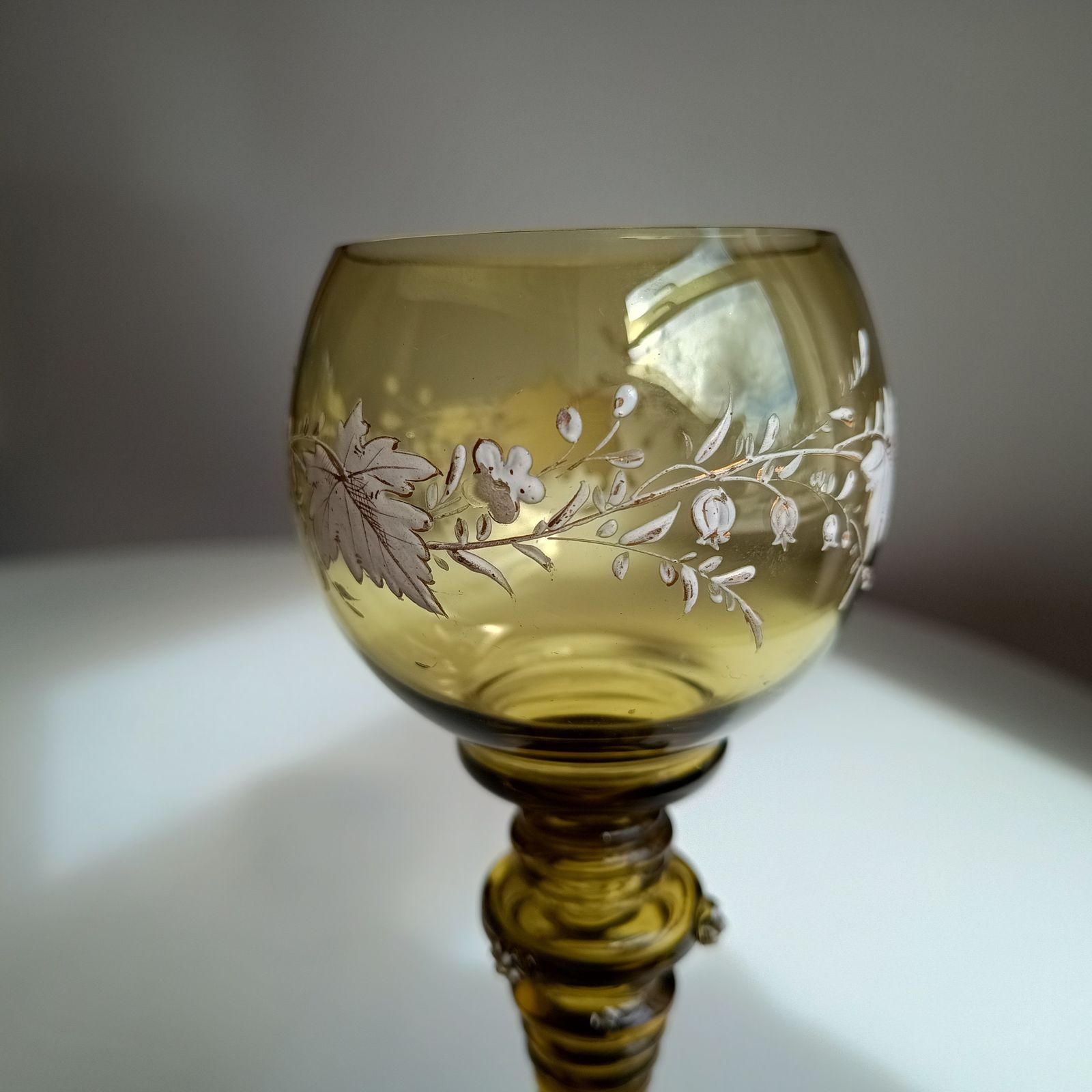 Antique Jugendstil Fritz Heckert Tall Stem Enamelled Drinking Glass   Olive Green, Renaissance Revival photo for sale