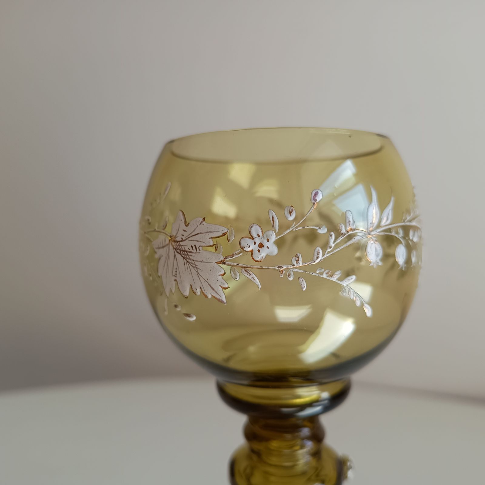 photo furniture Antique Jugendstil Fritz Heckert Tall Stem Enamelled Drinking Glass   Olive Green, Renaissance Revival