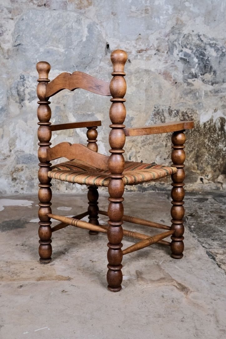 Furniture Pair Of Bobbin Armchairs In Turned Oak Wood, France, 1940s photo
