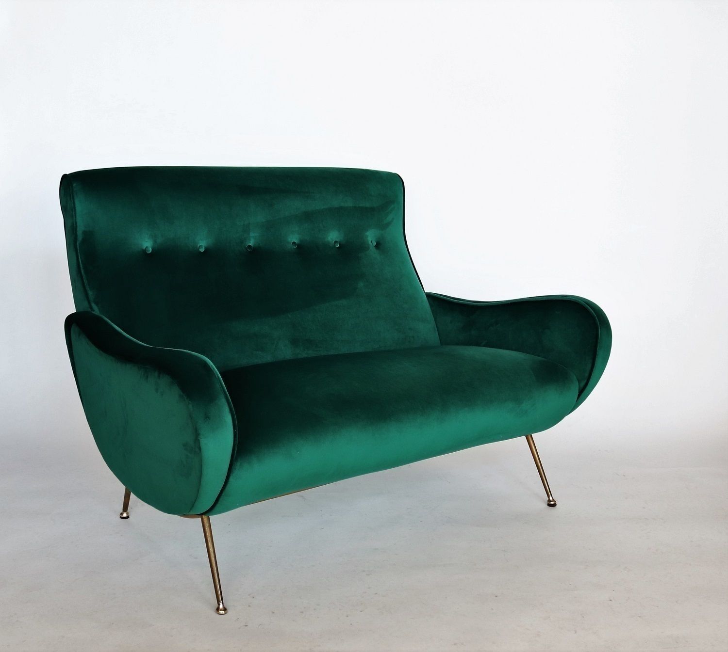 Italian Designer Sofa Or Loveseat In Green Velvet And Brass, 1950s photo Furniture