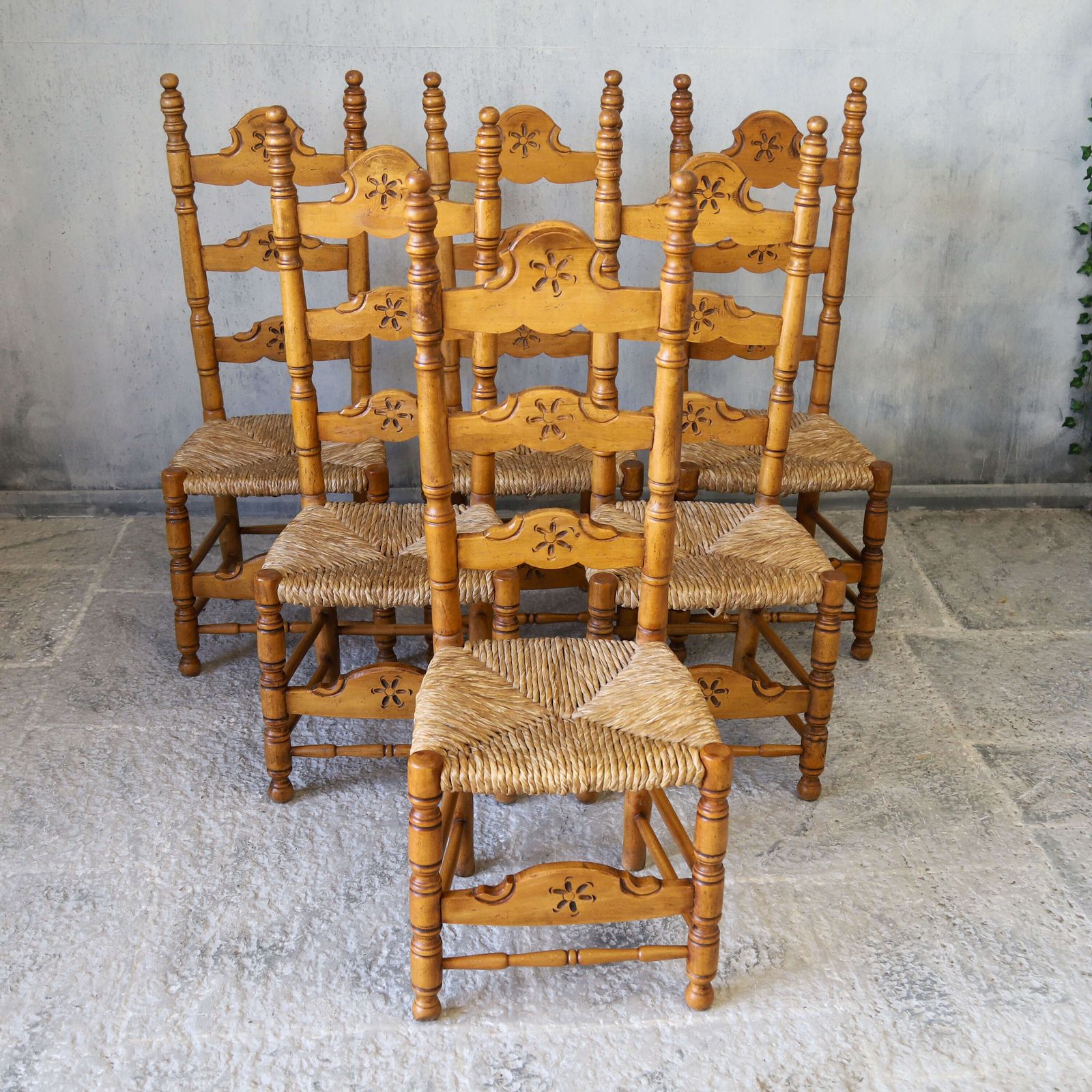 photo for sale Set Of 6 Spanish Country Style Carved Ladder Back Dining Chairs