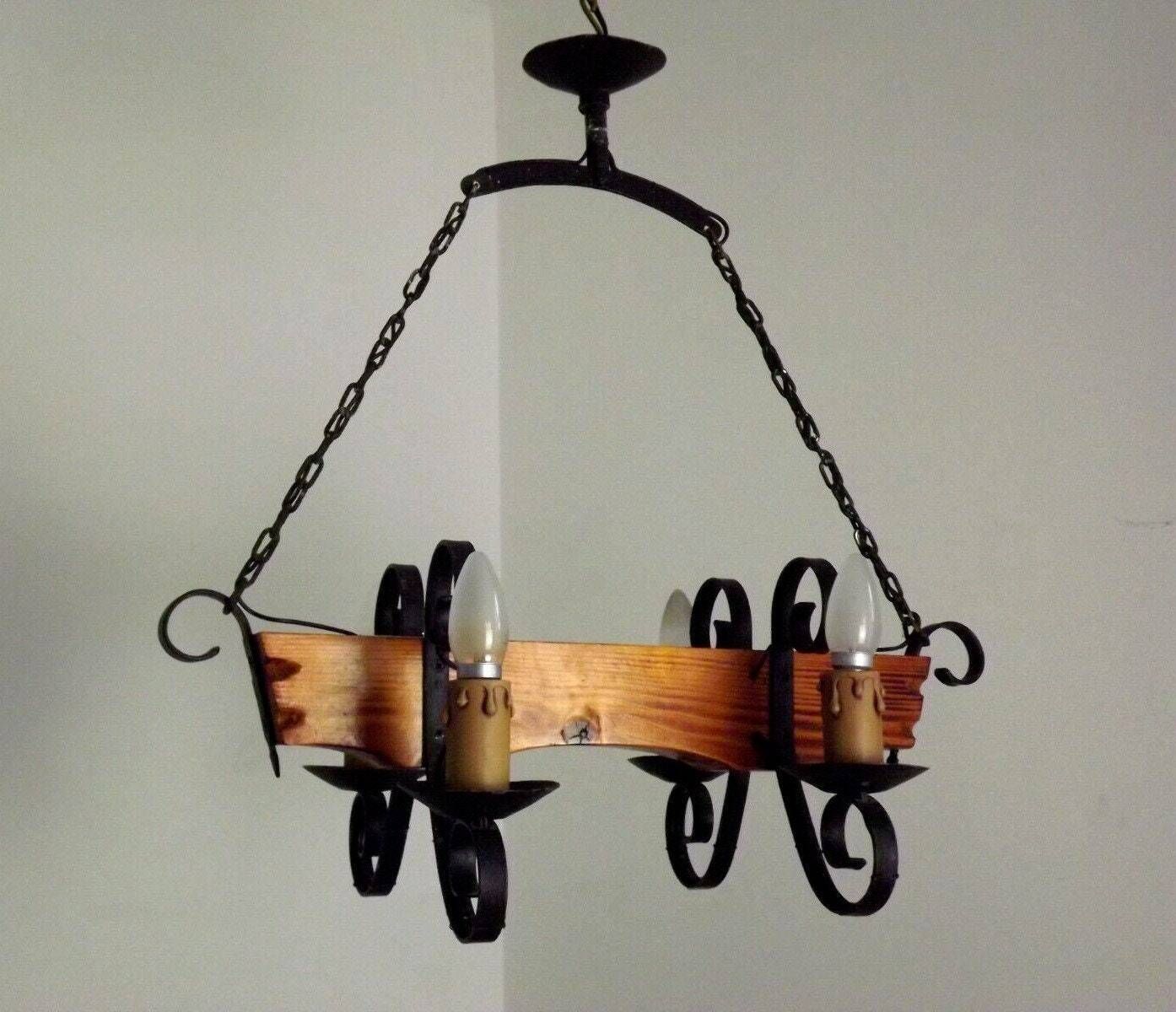 French Vintage Rustic Chandelier – 4 Light Hand Carved Wood & Wrought Iron – Country Farmhouse Style – Handmade Vintage French Light Fixture photo for sale