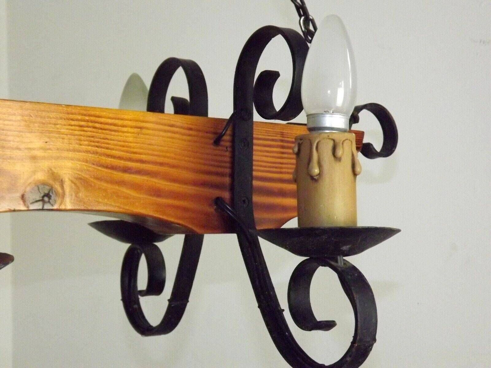 photo for sale French Vintage Rustic Chandelier – 4 Light Hand Carved Wood & Wrought Iron – Country Farmhouse Style – Handmade Vintage French Light Fixture