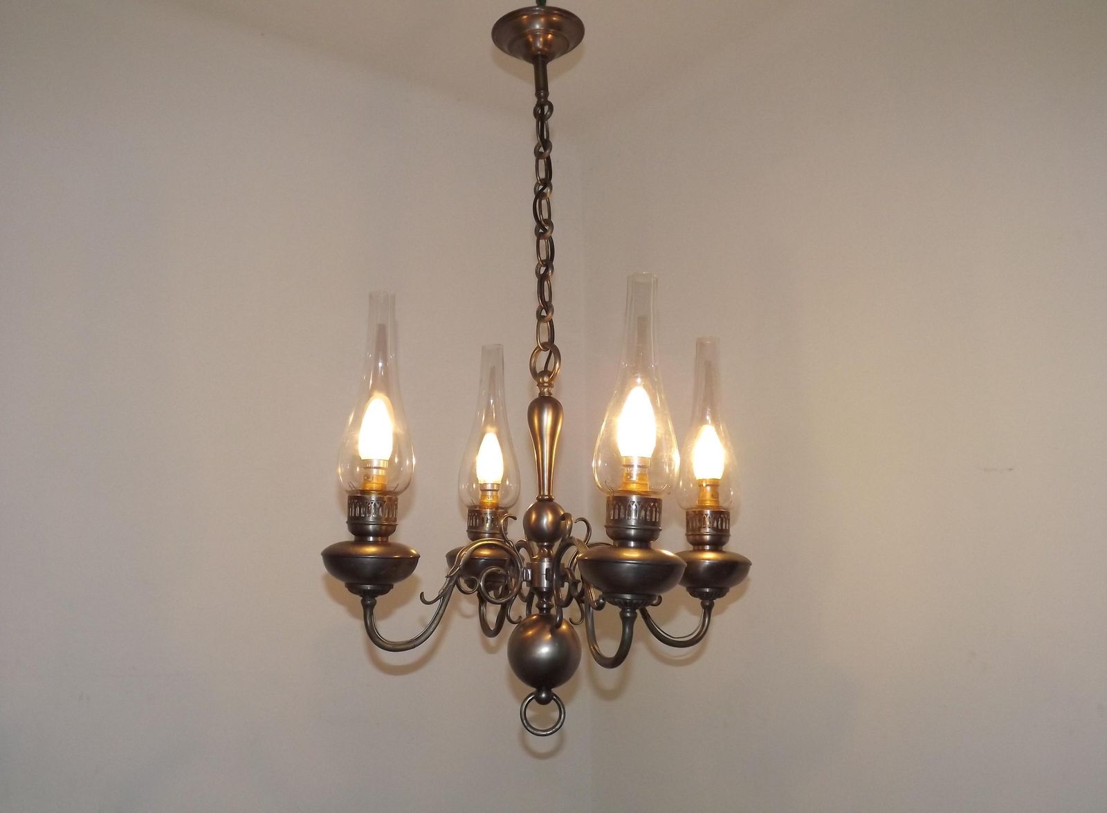 French Vintage Pewter 4 Light Flemish Chandelier Hand Blown Lantern Shades   French Vintage Lighting. 4 Light Chandelier. Flemish Style. photo for sale