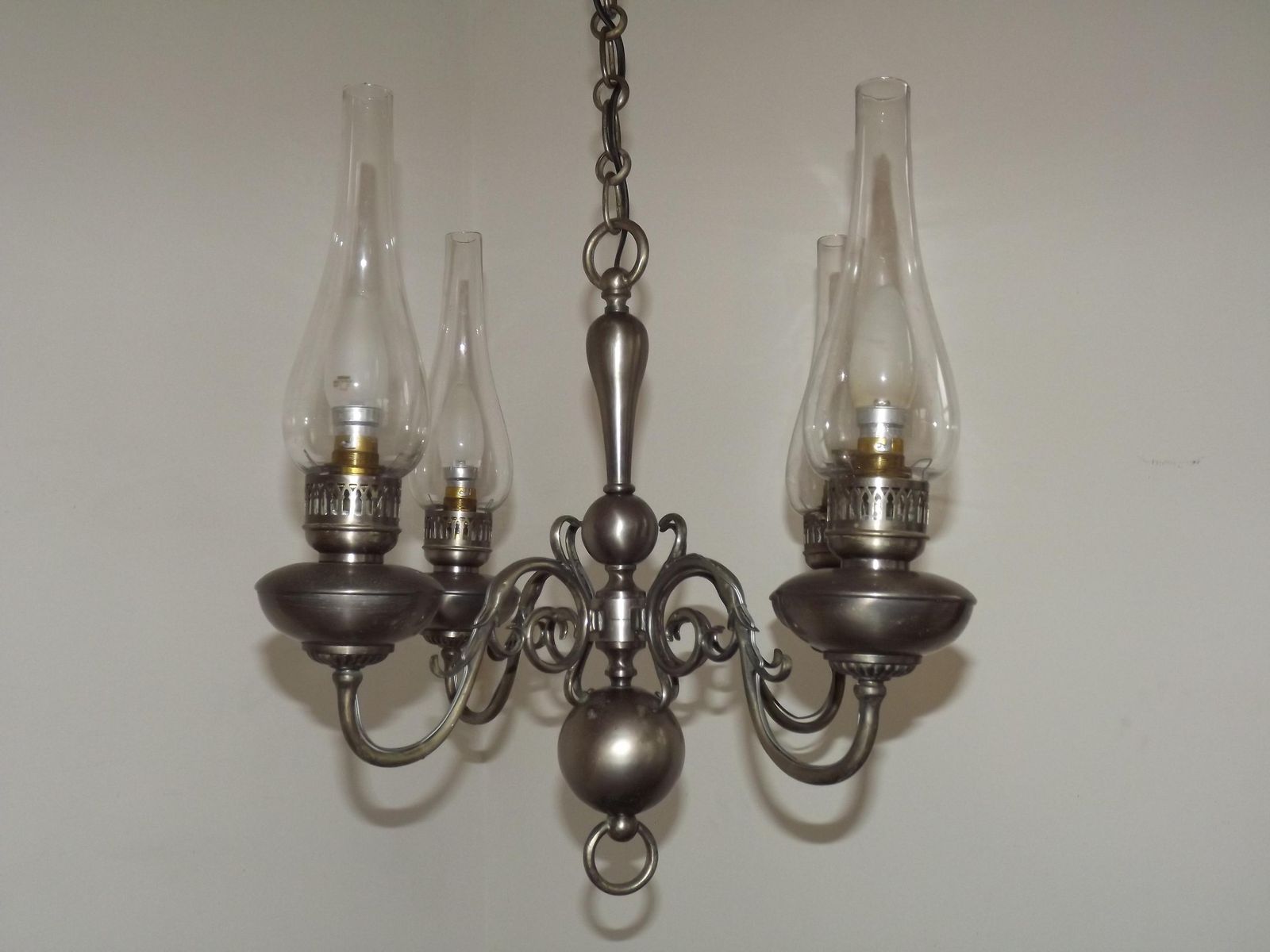 French Vintage Pewter 4 Light Flemish Chandelier Hand Blown Lantern Shades   French Vintage Lighting. 4 Light Chandelier. Flemish Style. photo Lighting