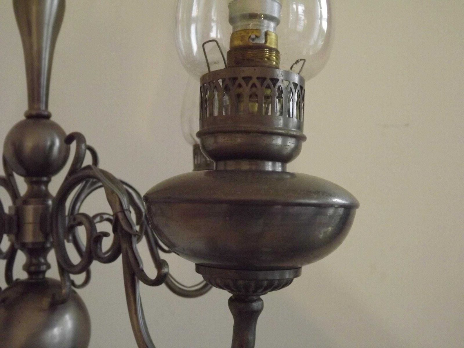 photo furniture French Vintage Pewter 4 Light Flemish Chandelier Hand Blown Lantern Shades   French Vintage Lighting. 4 Light Chandelier. Flemish Style.