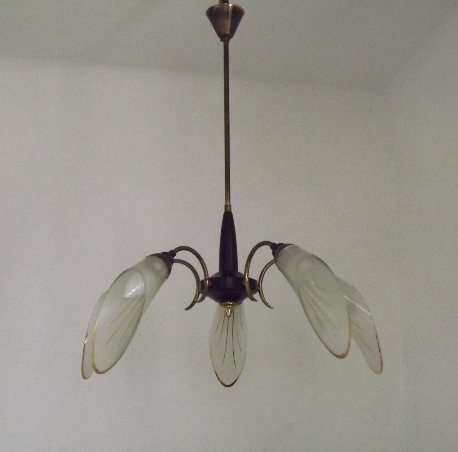French Vintage Retro Mid Century Black & Gold 5 Arm Chandelier Glass Shades   French Vintage Lighting. Retro Chandelier. Opaque Glass Shades