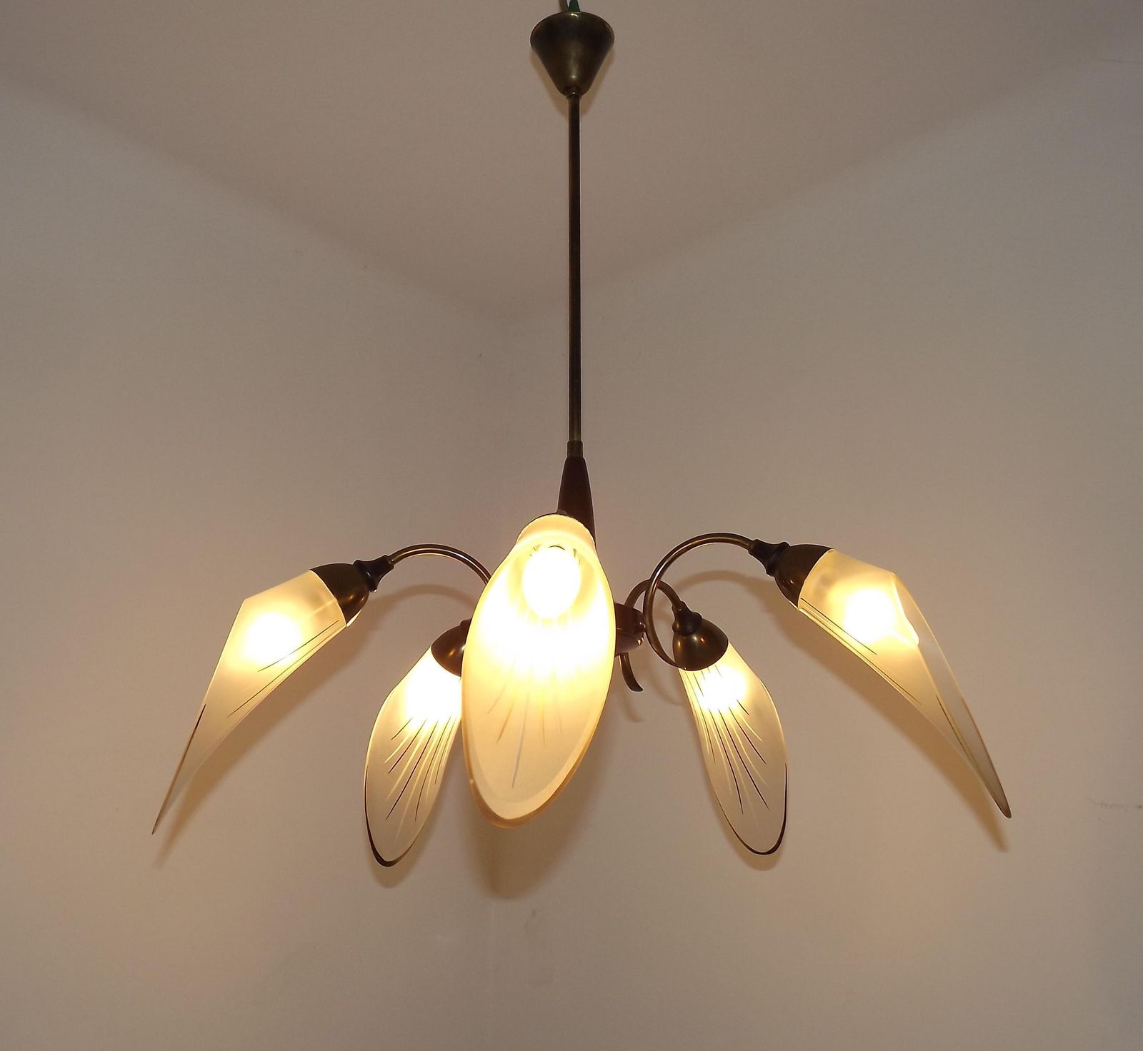 French Vintage Retro Mid Century Black & Gold 5 Arm Chandelier Glass Shades   French Vintage Lighting. Retro Chandelier. Opaque Glass Shades photo furniture