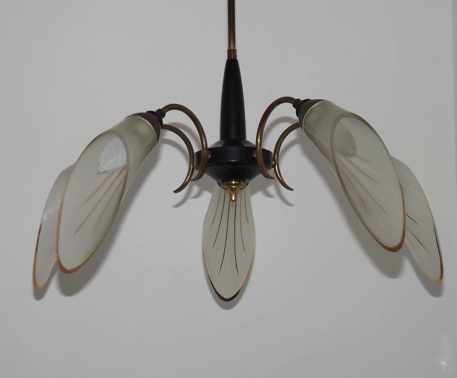French Vintage Retro Mid Century Black & Gold 5 Arm Chandelier Glass Shades   French Vintage Lighting. Retro Chandelier. Opaque Glass Shades photo Lighting